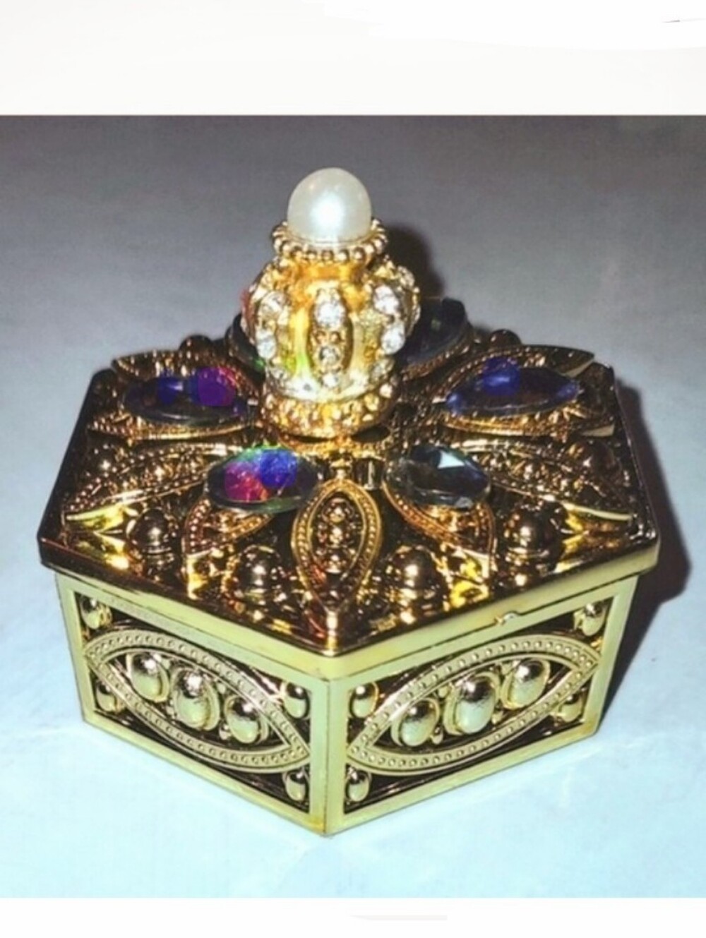 Hexagon Shape Storage Trinket Box Case w/ Crown Jewels AB Rhinestones